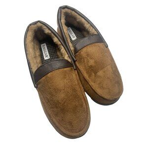 HAGGAR Men's Brown Suede Faux Fur-Lined Moccasin Slippers Size L